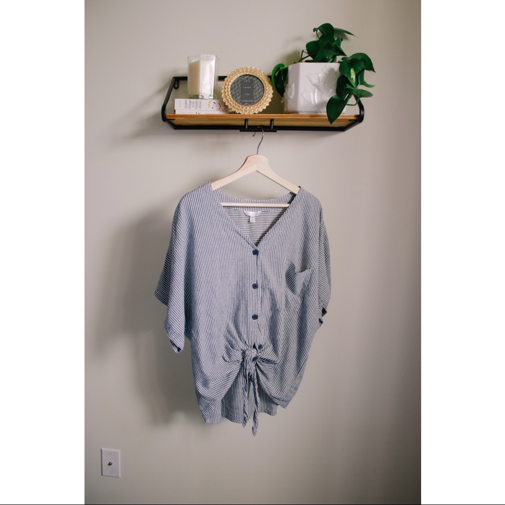 Blue Striped Tie Front Button-Up Blouse